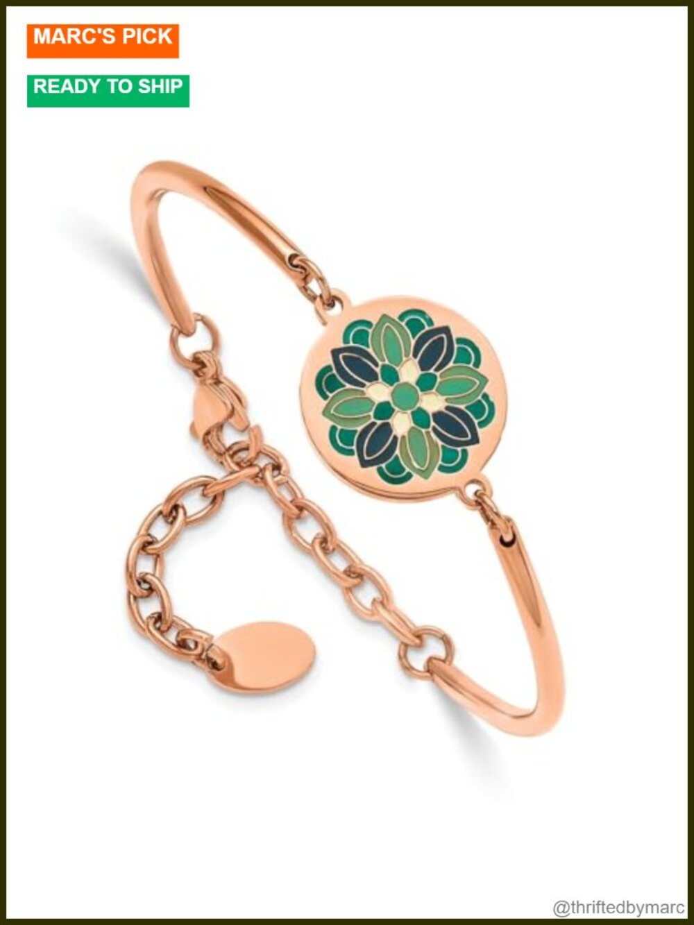 Stainless Steel Rose IP-Plated Enamel Flower Bangle Bracelet 5.5 in